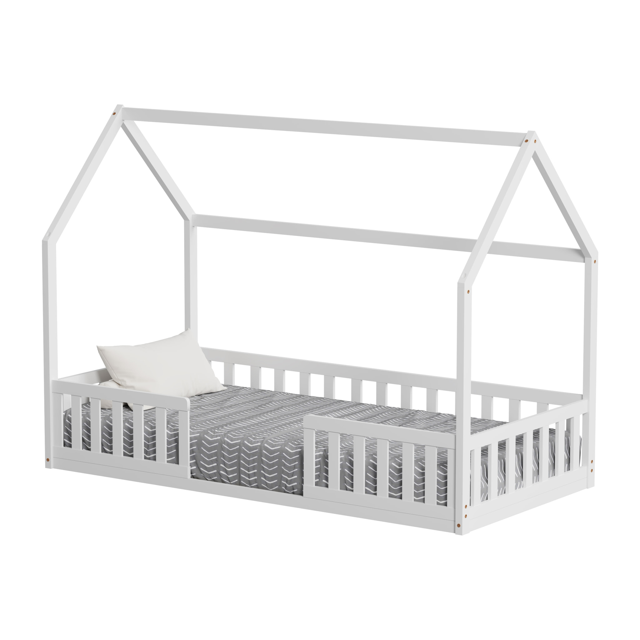 Lit Cabane Nid enchanté 90 x 190 cm, Blanc, Bois de Pin naturel, Barrières latérales de sécurité, Favorise l'imagination