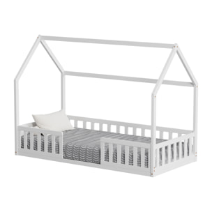 Lit Cabane Nid enchanté 90 x 190 cm, Blanc, Bois de Pin naturel, Barrières latérales de sécurité, Favorise l'imagination