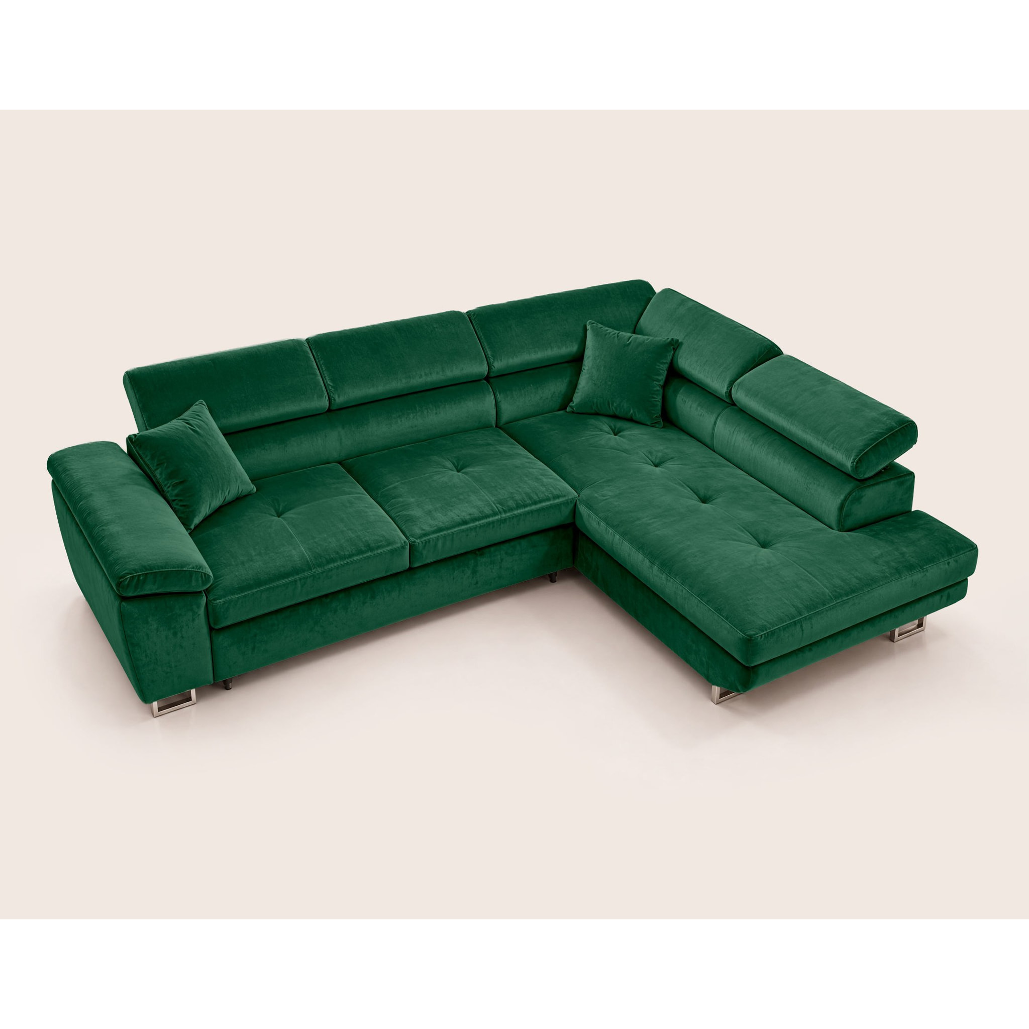 Dimas - canapé d'angle droit 5 places - convertible avec coffre et têtières réglables - en velours - Vert