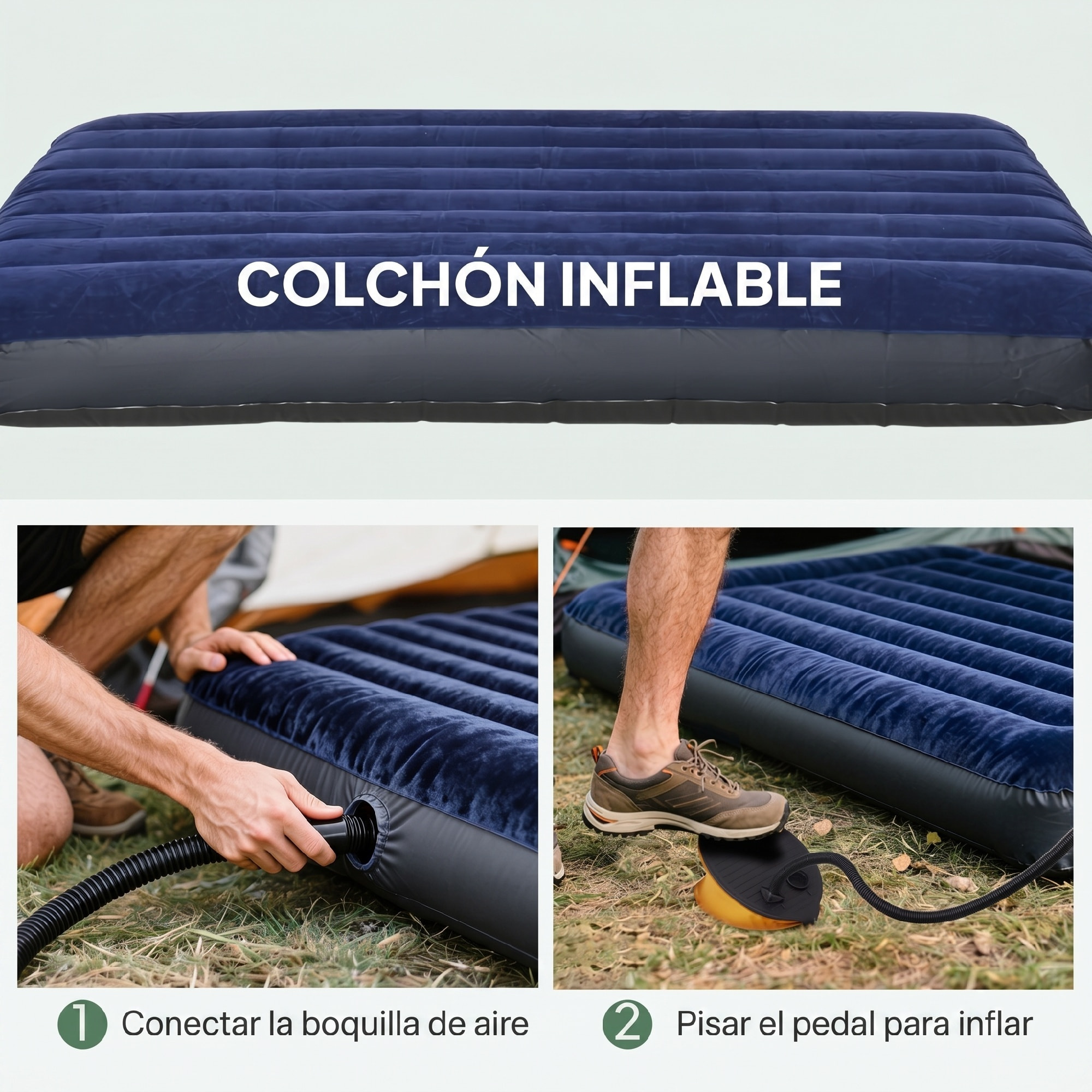 Outsunny Tienda de Campaña con Cama Doble Plegable 4 en 1 Cama de Campamento Elevada con Colchón Hinchable y Bolsa de Transporte de Tela Oxford 600D Acero 193x145x180 cm Verde