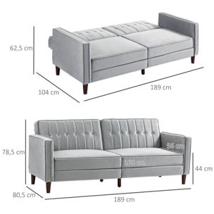 HOMCOM Sofá Cama de 3 Plazas Sofá Cama Convertible Tapizado en Terciopelo con Respaldo Reclinable Asientos Acolchados y Patas de Madera 189x80,5x78,5 cm Gris Claro