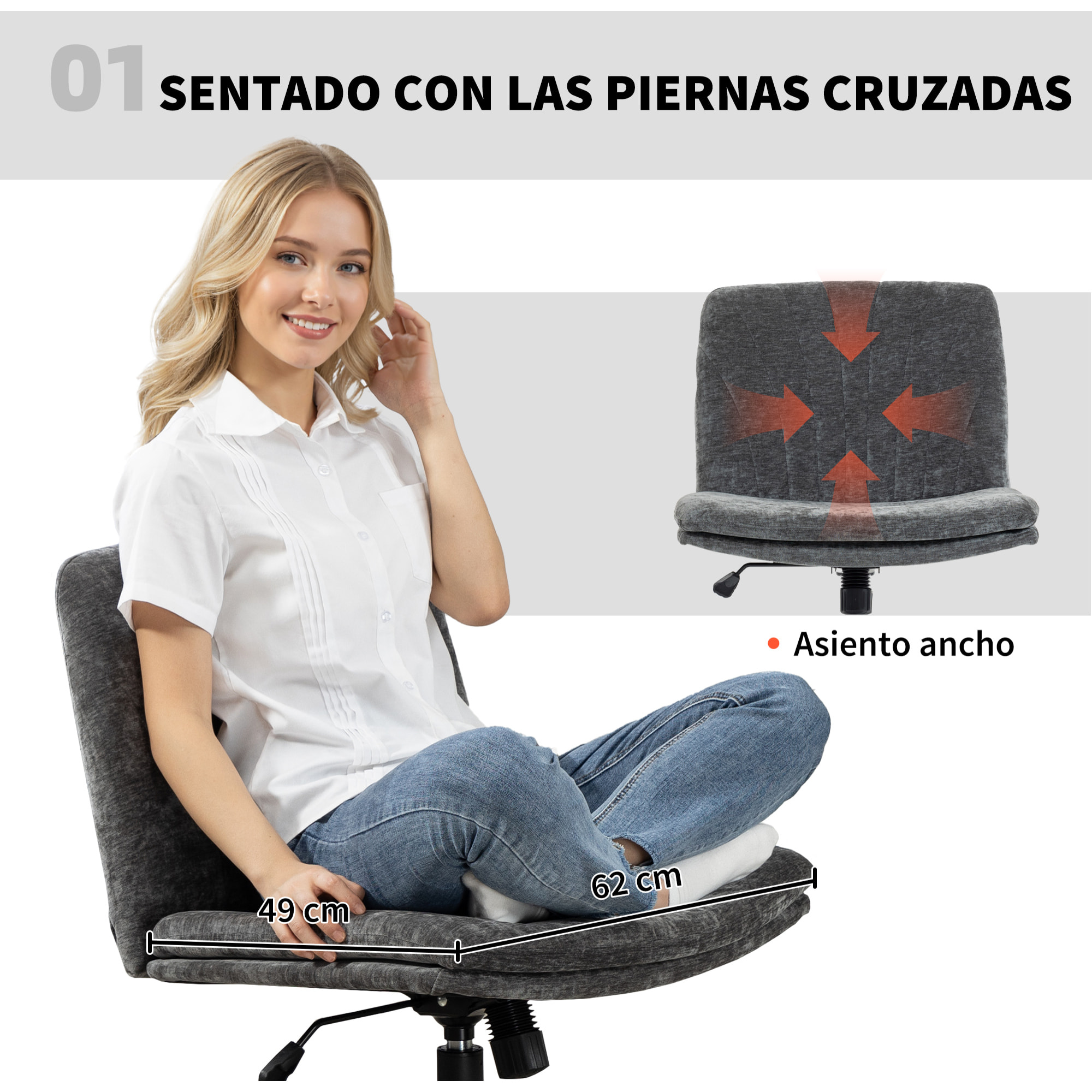 Silla de Oficina Piernas Cruzadas, Silla de Escritorio con Asiento Ancho, sin Reposabrazos, Ruedas, Altura Ajustable, Giratoria, Función Basculante, Tapizada en Chenilla, Gris