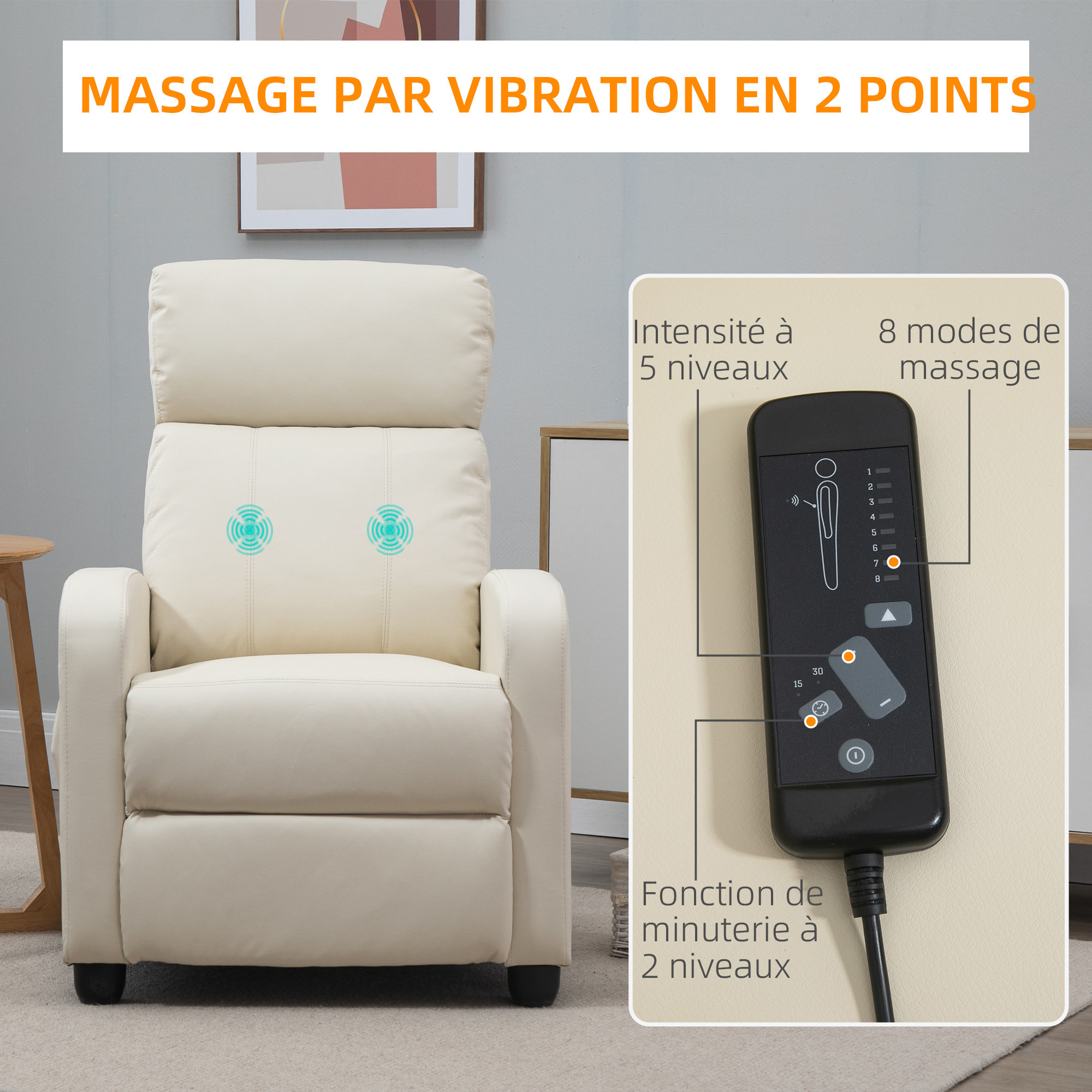 Fauteuil de relaxation et massage inclinaison dossier repose-pied réglable revêtement synthétique crème