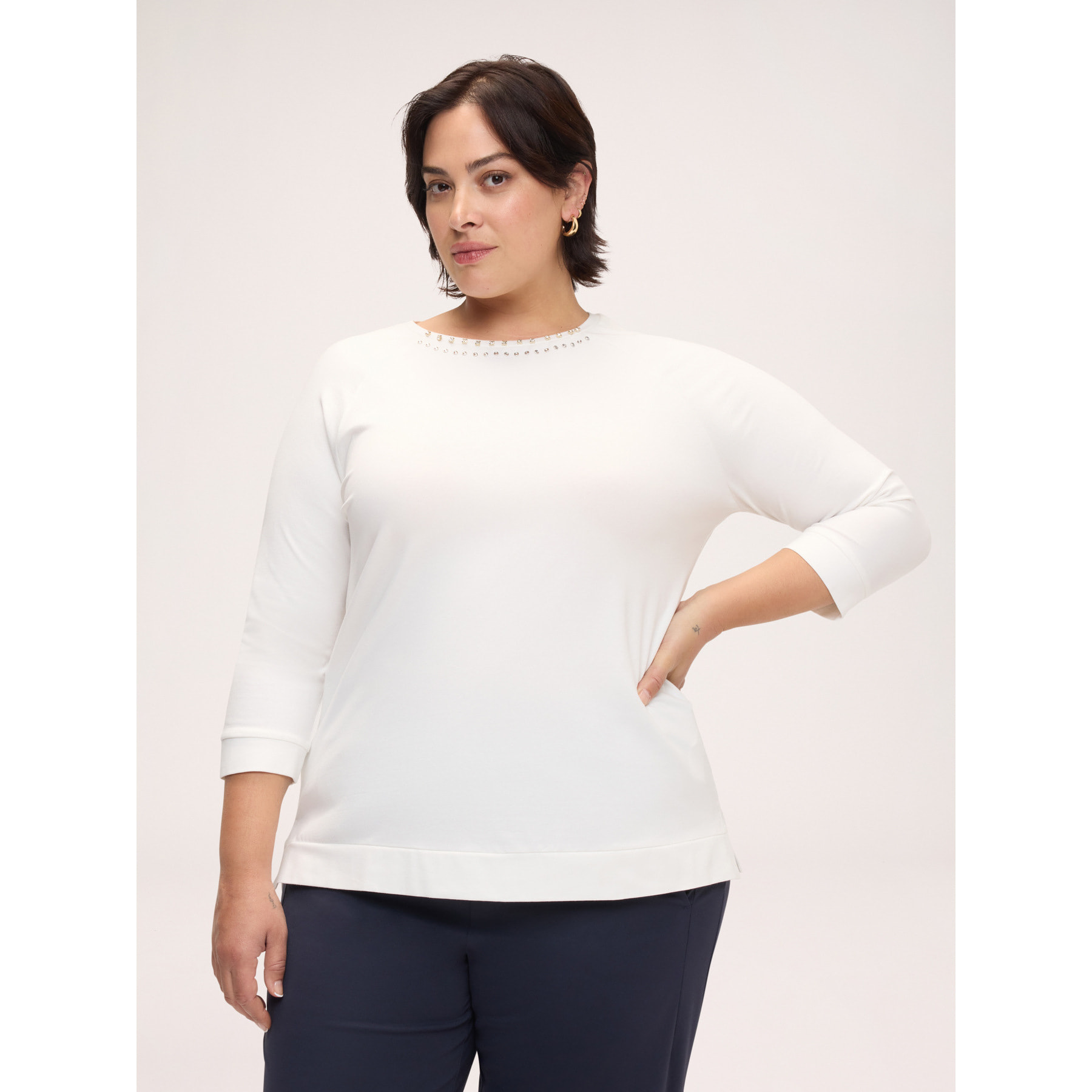 Fiorella Rubino - Camiseta de algodón con estrás y tachuelas - Blanco