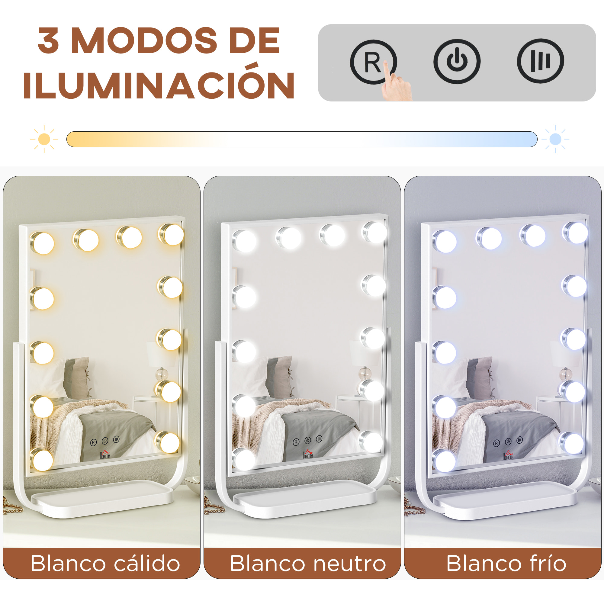 HOMCOM Espejo de Maquillaje con Luz Espejo Hollywood de Mesa con 12 LED 3 Modos y Luz Ajustable Pantalla Táctil y Función de Memoria para Dormitorio Baño 32,8x11x47,4 cm Blanco