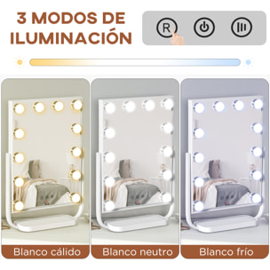 HOMCOM Espejo de Maquillaje con Luz Espejo Hollywood de Mesa con 12 LED 3 Modos y Luz Ajustable Pantalla Táctil y Función de Memoria para Dormitorio Baño 32,8x11x47,4 cm Blanco