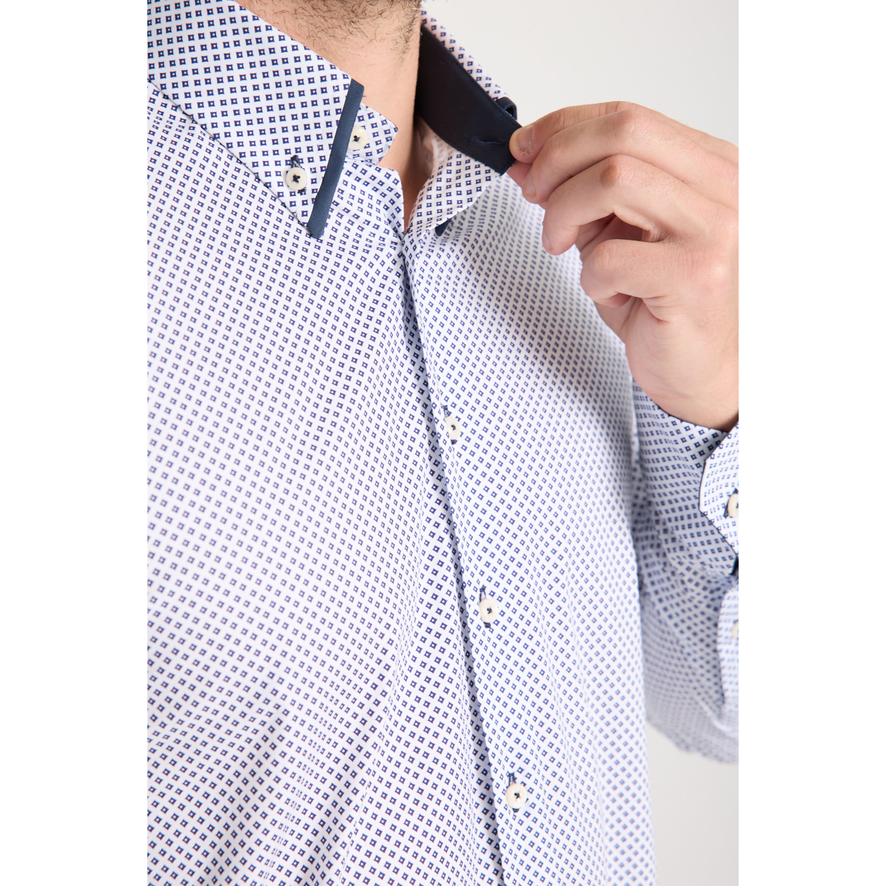 Camicia Uomo 2 Bottoni Button Down Doppio Coll Popeline Stretch Stampato Bianco e Blu
