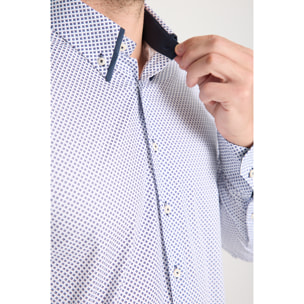 Camicia Uomo 2 Bottoni Button Down Doppio Coll Popeline Stretch Stampato Bianco e Blu
