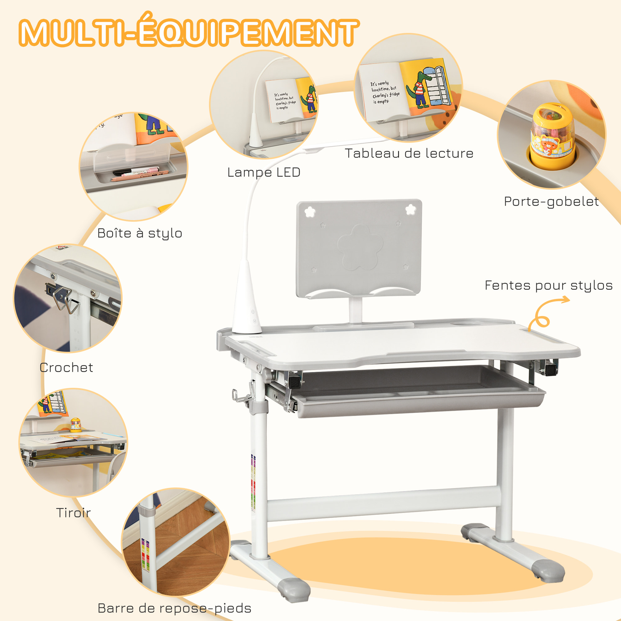 Bureau enfant avec chaise - ensemble bureau et chaise réglable - lampe, support de lecture, tablette coulissante multi-rangement - gris blanc