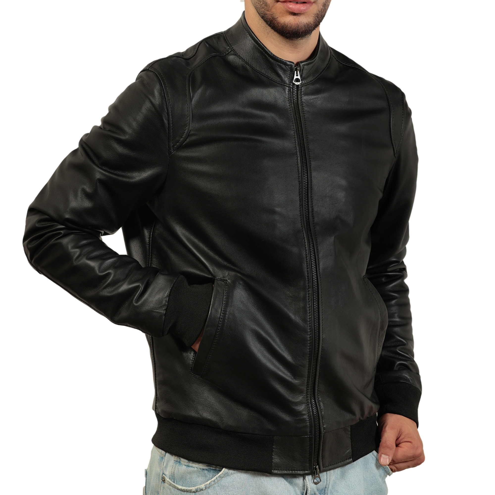 Giubbino in vera pelle di vitello foderato con trapunta invernale Nero-Slim Fit