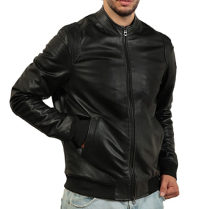 Giubbino in vera pelle di vitello foderato con trapunta invernale Nero-Slim Fit