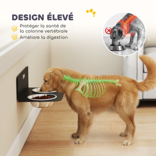 Gamelle chien murale double dim. 42 x 23 x 14 cm acier inox noir