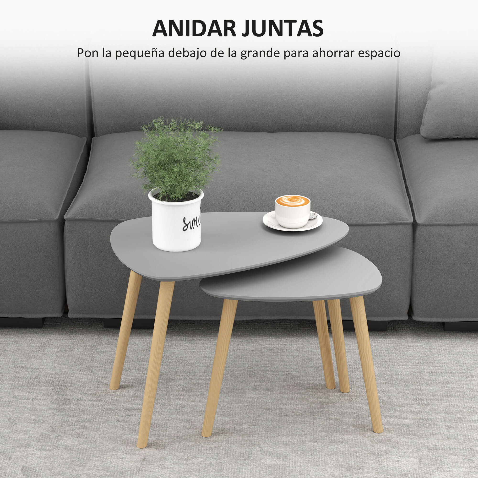 Juego de 2 Mesas Auxiliares con Patas de Madera Mesas Nido Mesas de Café para Salón Dormitorio Oficina 59,5x39,5x45 cm y 44,5x28,5x40 cm Gris y Natural