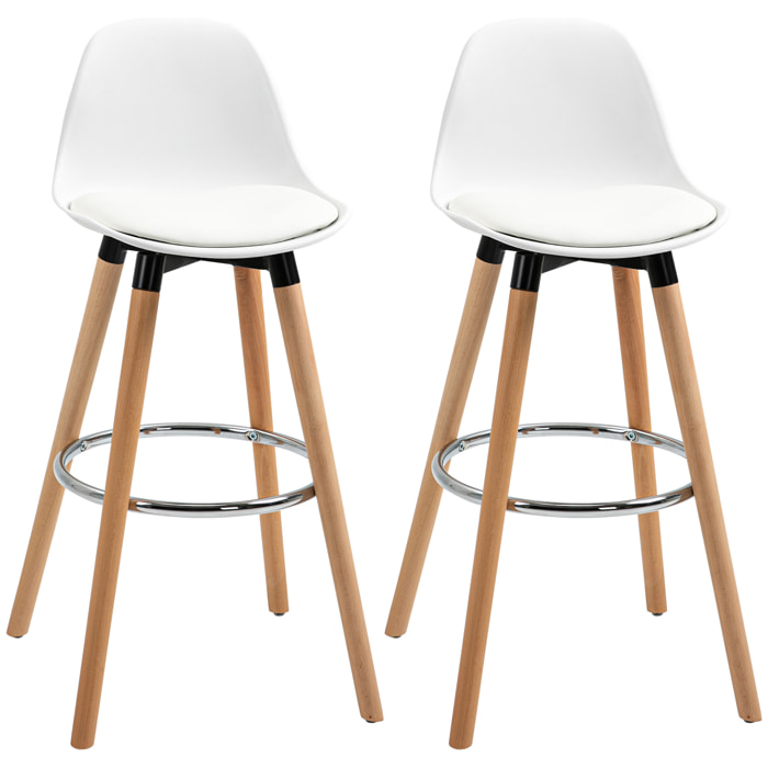 Tabourets de bar style scandinave - lot de 2 tabourets de bar avec repose-pieds - piètement bois de hêtre assise PU blanc