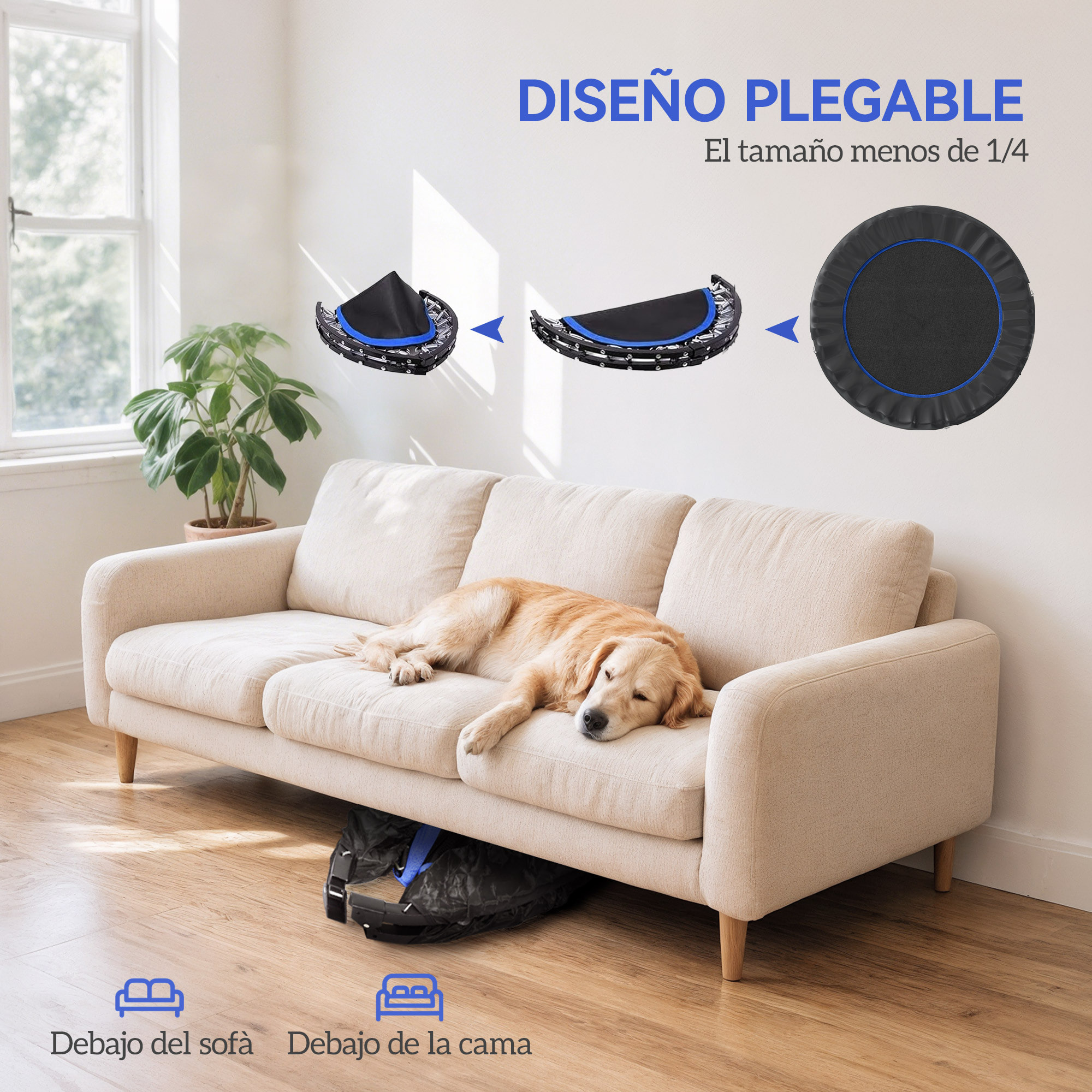 Trampolín de Fitness Adultos Ø114 cm, Cama Elástica Plegable con Mango Ajustable de 4 Niveles, Marco de Acero, para Entrenamiento Piernas, Cuerpo en Hogar, Oficina, Gimnasio, Azul y Negro