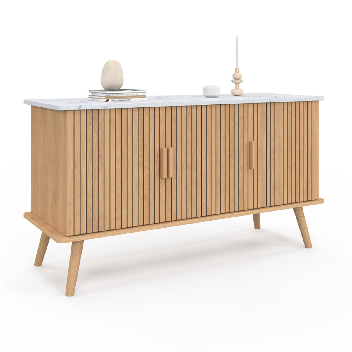 Buffet Marceau 3 portes effet lattes et dessus marbre L110cm