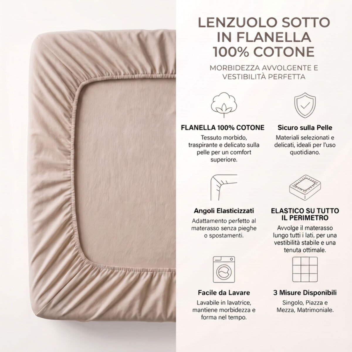 Lenzuolo sotto con angoli in flanella - Tortora