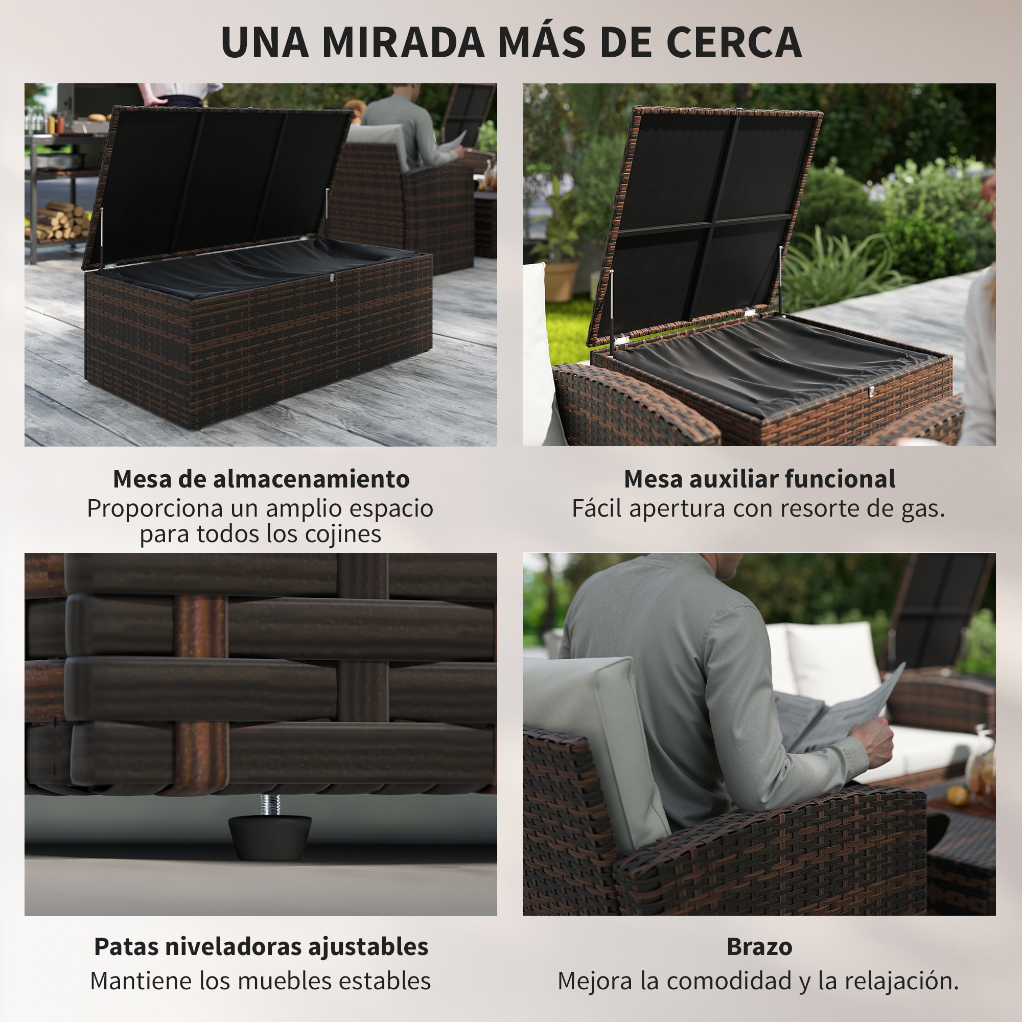Conjunto de Jardín Exterior de Ratán, Conjunto Terraza, Muebles Jardín Exterior 6 Piezas Incluye Cojines, Sofá Doble, Sofá 3 Plazas, 2 Sillones, 2 Mesas Auxiliares con Almacenamiento, Beige