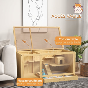 Cage hamster bois plateformes rampe niche bascule biberon eau plateau
