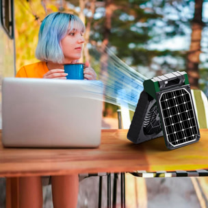 Ventilador x99 solar LED recargable con motor sin escobillas 9V, 16 LEDs (2W) y 4 velocidades. Velocidad del aire 4,5 m/s y hasta 2800 rpm. Función powerbank con doble batería de 2600 mAh.