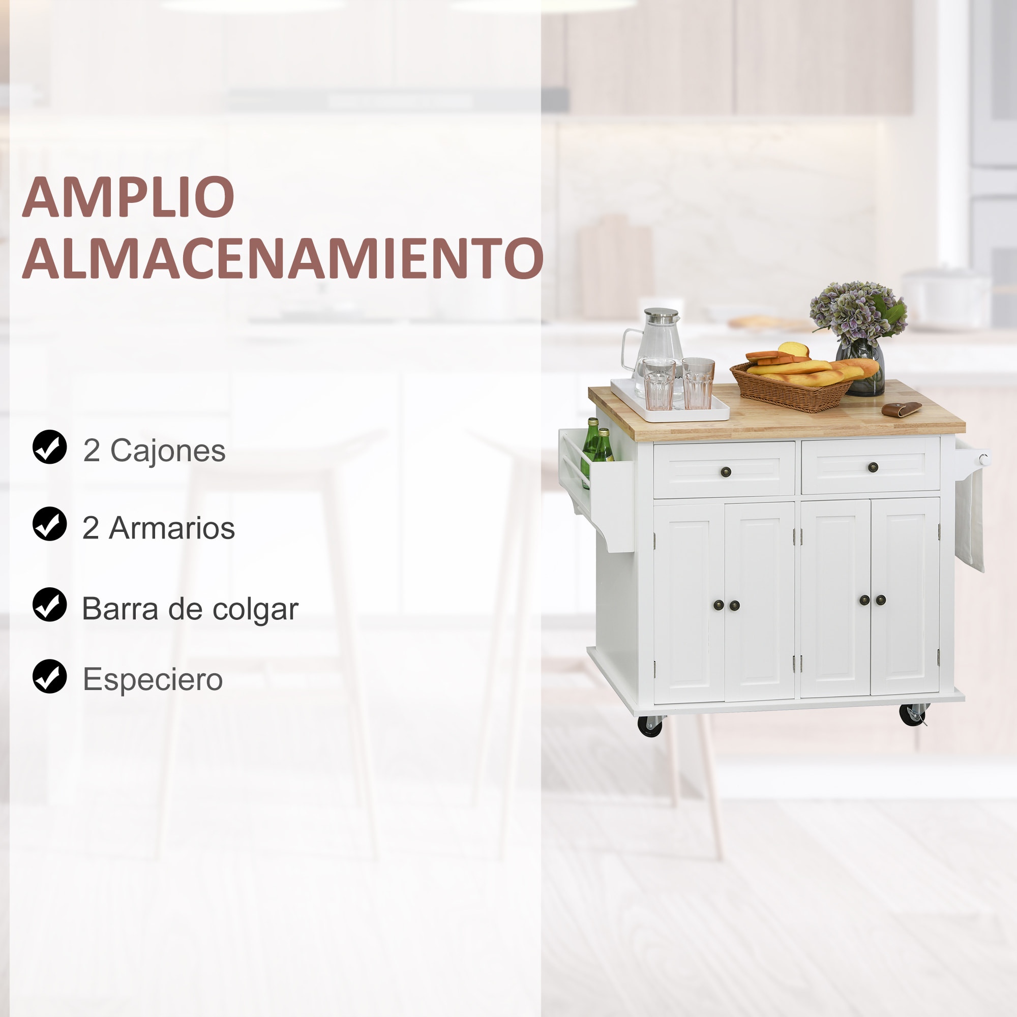 Isla de Cocina con Ruedas 2 Cajones 4 Puertas Especiero y Barra 111x44,5x82,5 cm