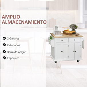 Isla de Cocina con Ruedas 2 Cajones 4 Puertas Especiero y Barra 111x44,5x82,5 cm