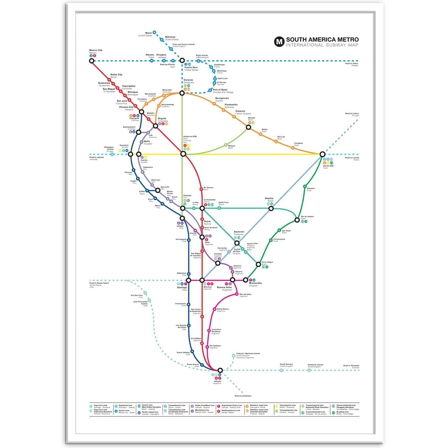 Affiche 50 x 70 cm - South America Metro Map - Olivier Bourdereau