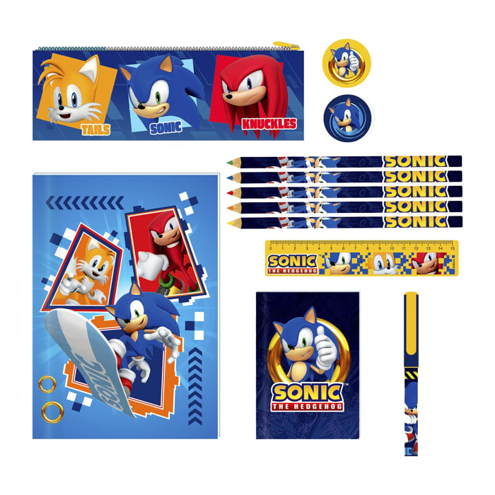 Sonic Set papelería. Libreta, estuche, lápices de colores, boligarafo, goma, sacapuntas y regla.