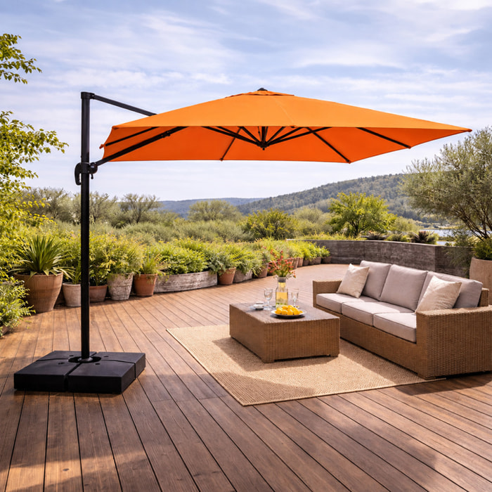Parasol rectangulaire 3x4 déporté rotatif orange en aluminium GHAZIE