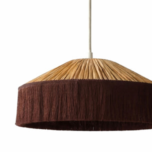Abat-jour suspension en papier façon raphia et franges - Marron chocolat