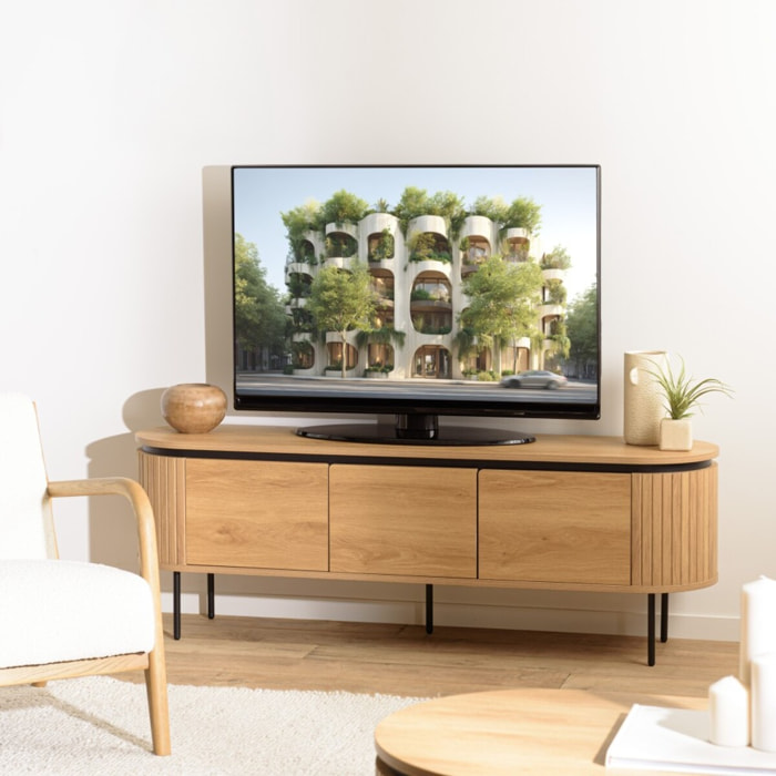 ETHAN - Meuble TV arrondi couleur naturelle 3 portes