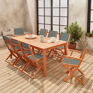 Salon de jardin en bois extensible - Almeria - Grande table 180/240cm avec rallonge. 2 fauteuils et 6 chaises. en bois d'Eucalyptus huilé et textilène savane