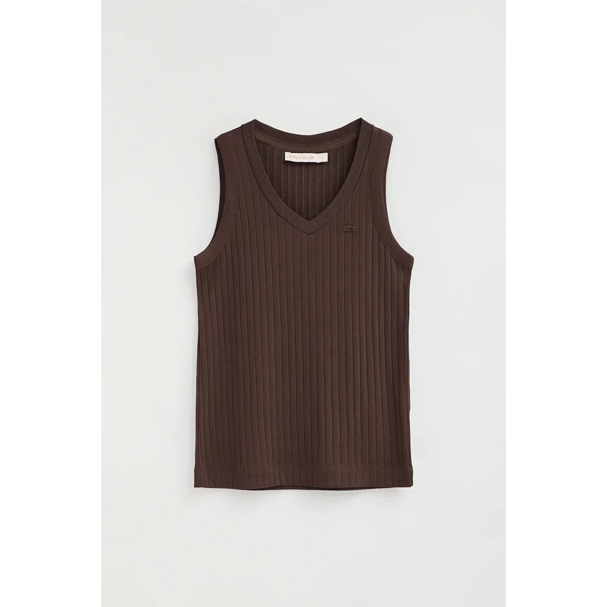 Camiseta sin mangas color chocolate de canalé y escote de pico con logo Polo Club