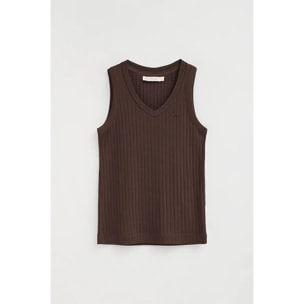 Camiseta sin mangas color chocolate de canalé y escote de pico con logo Polo Club