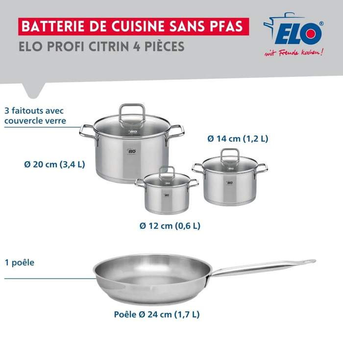 Ensemble de 1 Poêle de cuisson 24 cm et 3 faitouts 12, 14 et 20 cm Elo Profi Citrin