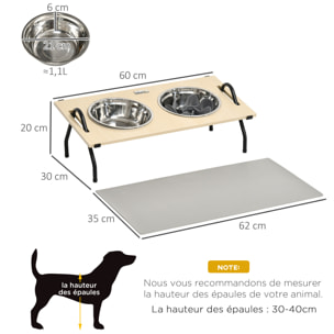 Gamelle double chien porte-gamelles surélevé 2 gamelles anti-glouton acier inox et tapis inclus acier noir plateau aspect bois clair