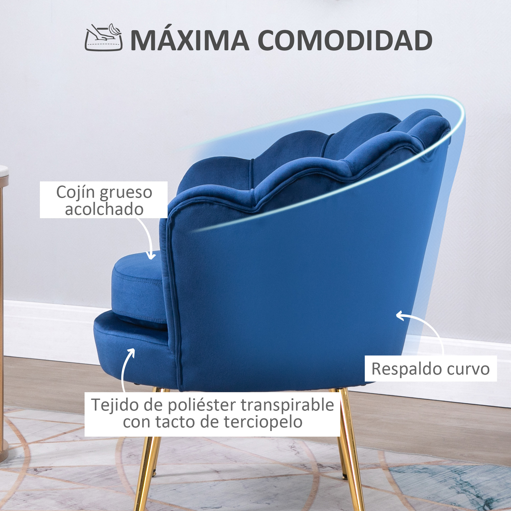 Butaca de Salón Tapizada en Terciopelo Sillón Butaca de Dormitorio con Respaldo en Forma de Concha y Patas Doradas para Comedor 76x67x74 cm Azul