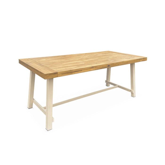 Table intérieur/extérieur en bois clair. effet teck et acier galvanisé ivoire. Fortaleza L190 x P91.5 x H76cm 6-8 places