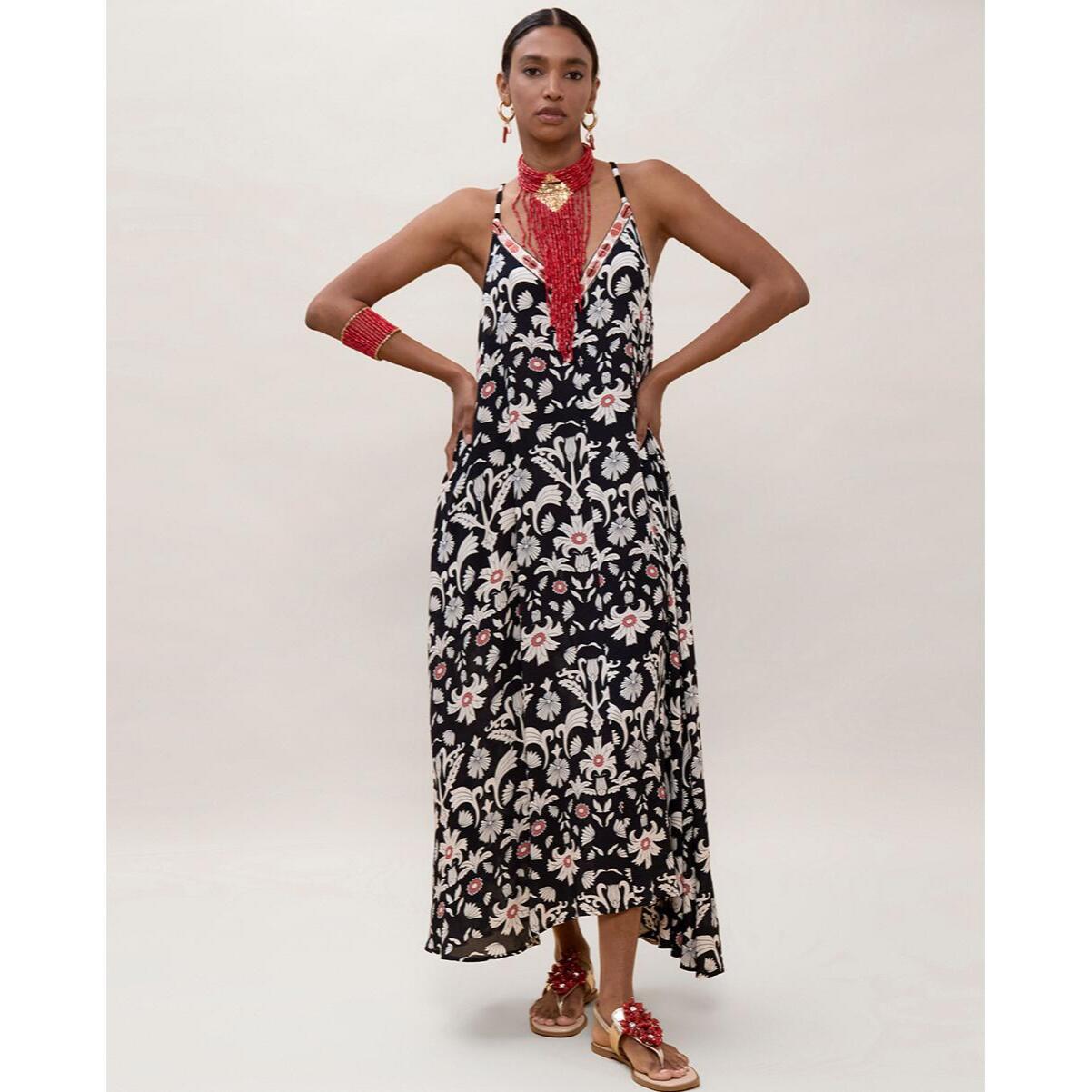 Abito lungo con spalline e stampa etnica