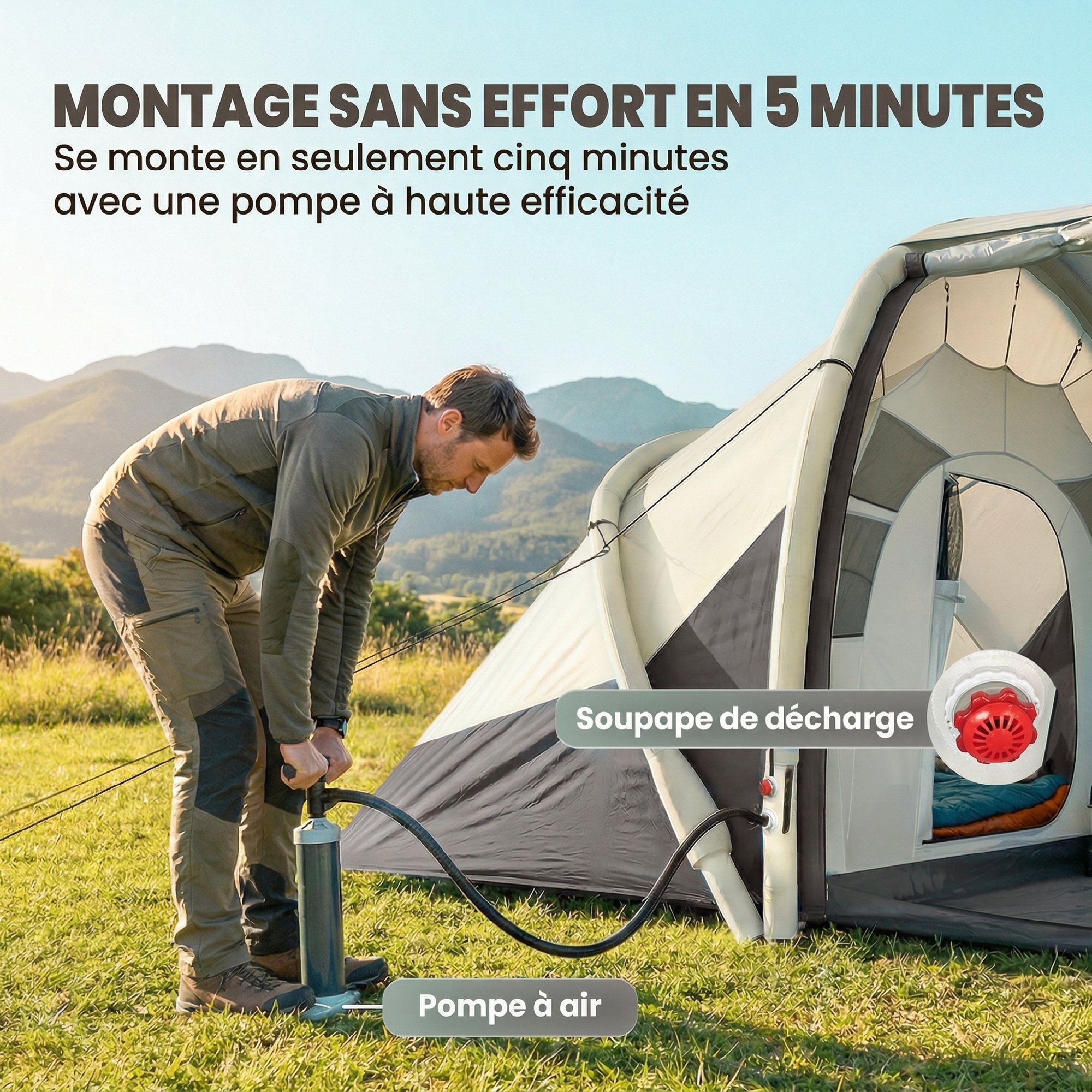 Tente gonflable camping 2-4 personnes 3 pièces auvent imperméabilité 3000mm crème taupe-gris
