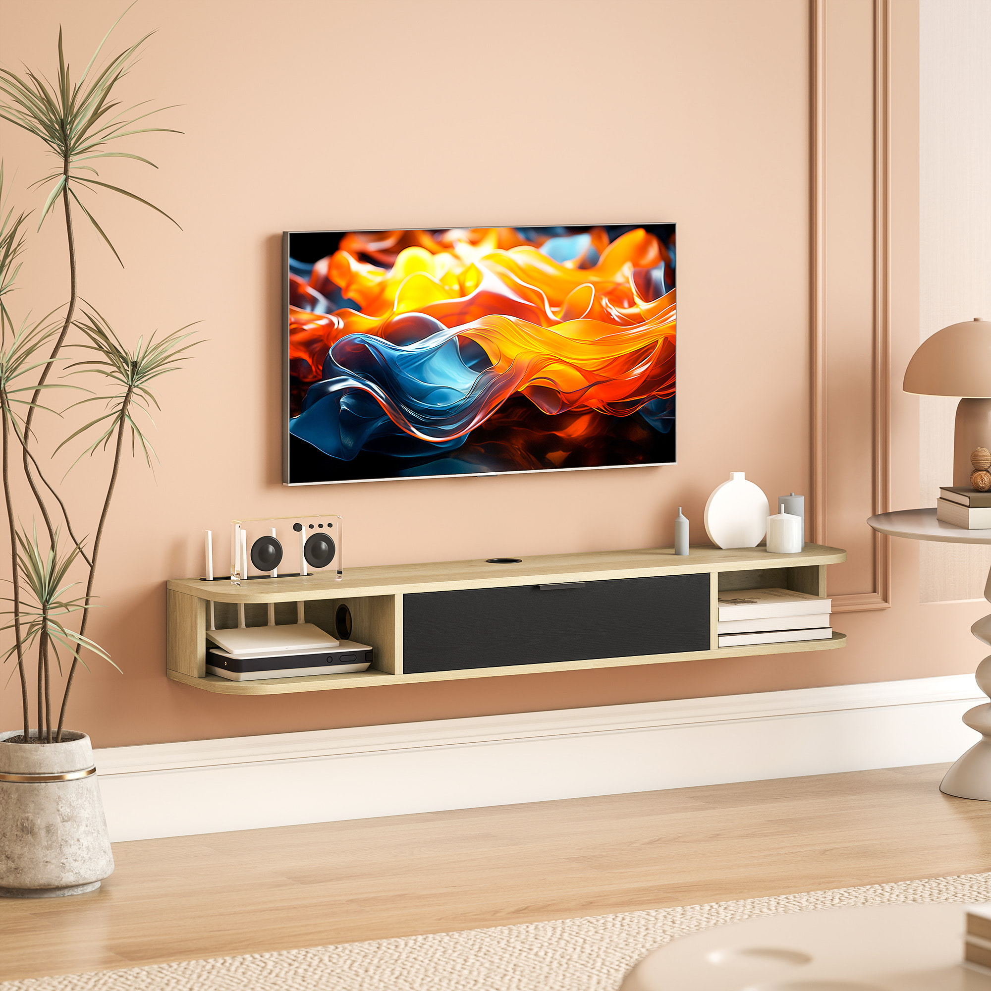 Meuble TV suspendu 120cm - porte, 2 niches, espace routeur, passe-fils - effet bois clair noir
