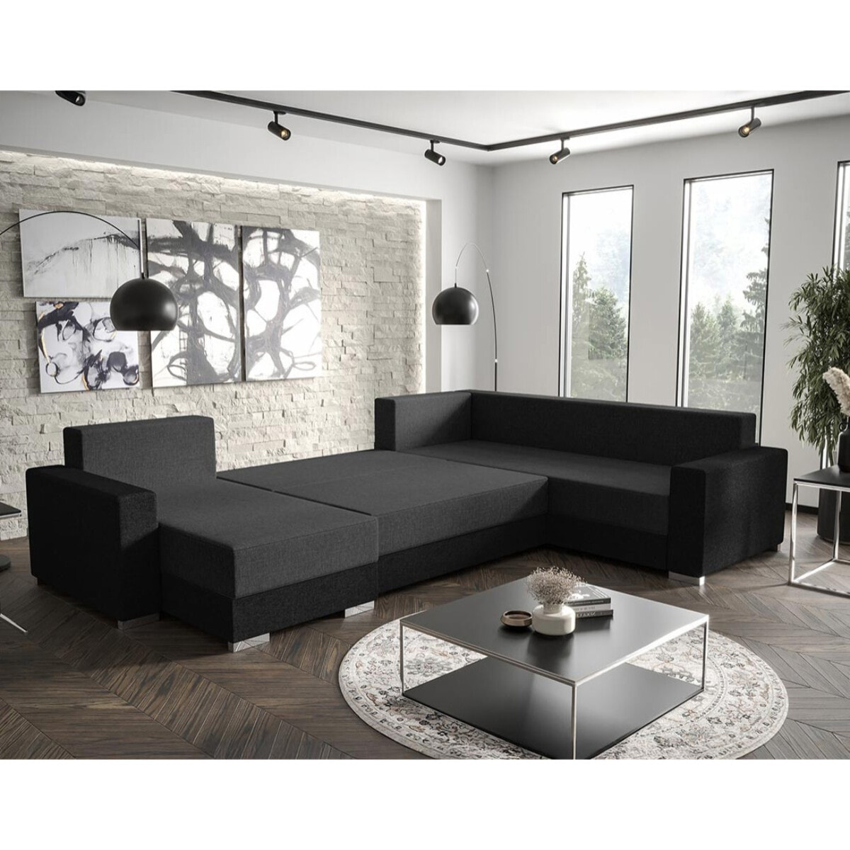 Epona - Canapé panoramique d'angle réversible 7 places convertible avec coffre en tissu - Gris / Noir