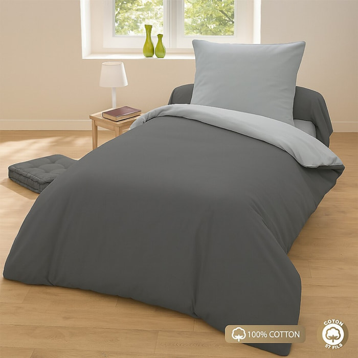 Parure Housse De Couette 135x200cm 100% coton Gris Clair/anthracite