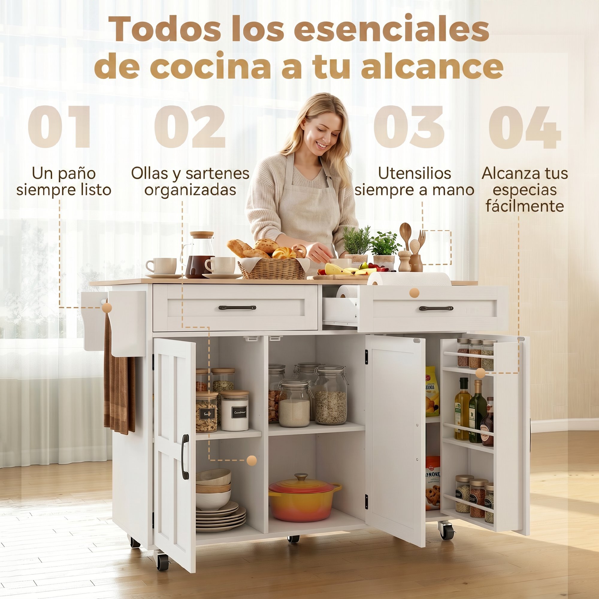 Isla de Cocina con Encimera Extensible, Carro de Cocina con Ruedas, 2 Cajones, 3 Armarios, Estantes en la Puerta, Toallero y Estantes Ajustables, para Comedor, Blanco