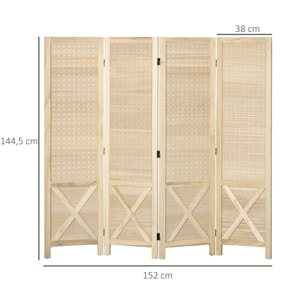 Biombo de 4 Paneles Divisor de Habitación Plegable 152x1,7x144,5 cm Separador de Ambientes con Pantalla de Privacidad Agujeros para Colgar para Oficina Dormitorio Salón Natural