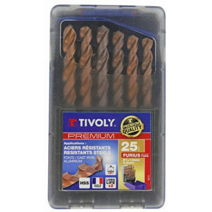 Coffret TIVOLY 25 forets métaux FURIUS HSS revêtus FUSIO pointe en croix Ø 1 à 13mm - 11454170017