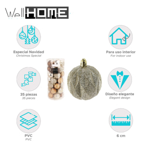 set de 35 bolas de navidad de 6cm con 5 diseños diferentes en relieve color ámbar