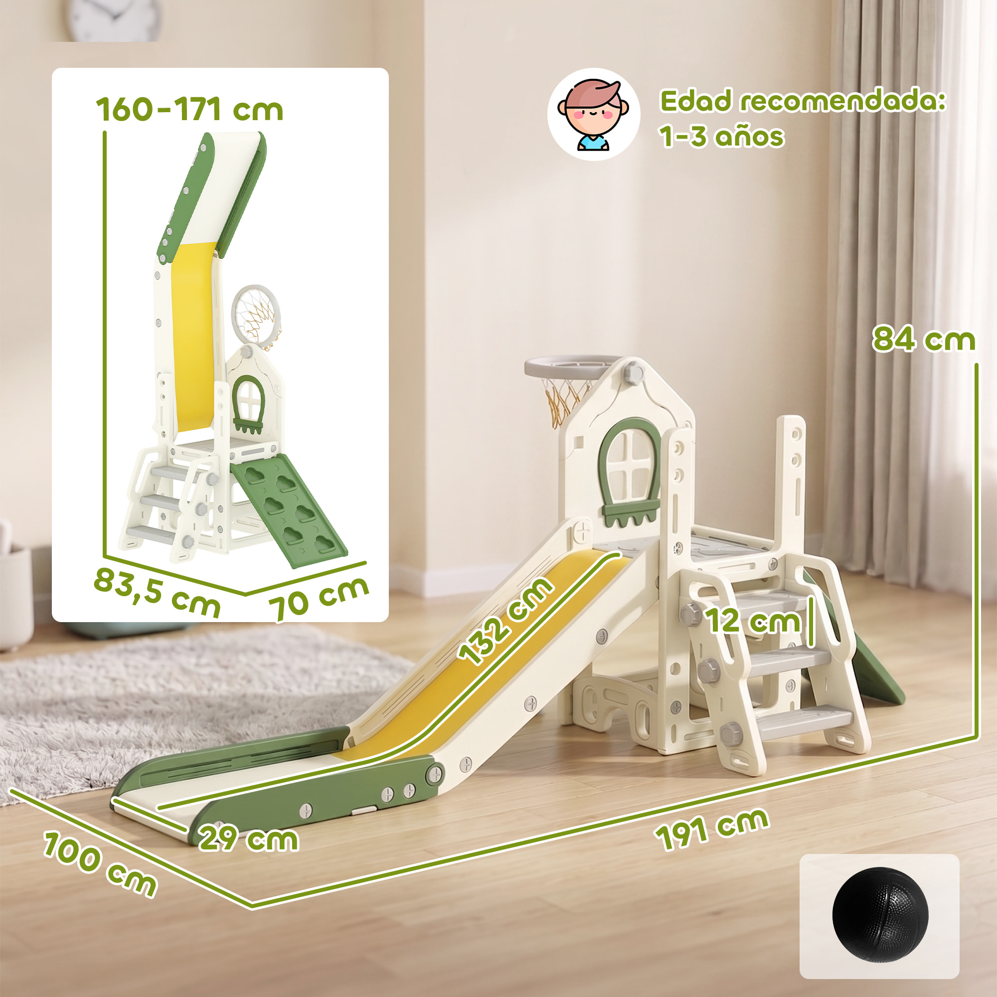 Tobogán Infantil Plegable 5 en 1, Tobogán para Niños con Escalador, Aro de Baloncesto, Pelota, Almacenamiento, Peldaños, Fácil de Montar y Limpiar, para Interior, para 1-3 Años, Blanco Crema