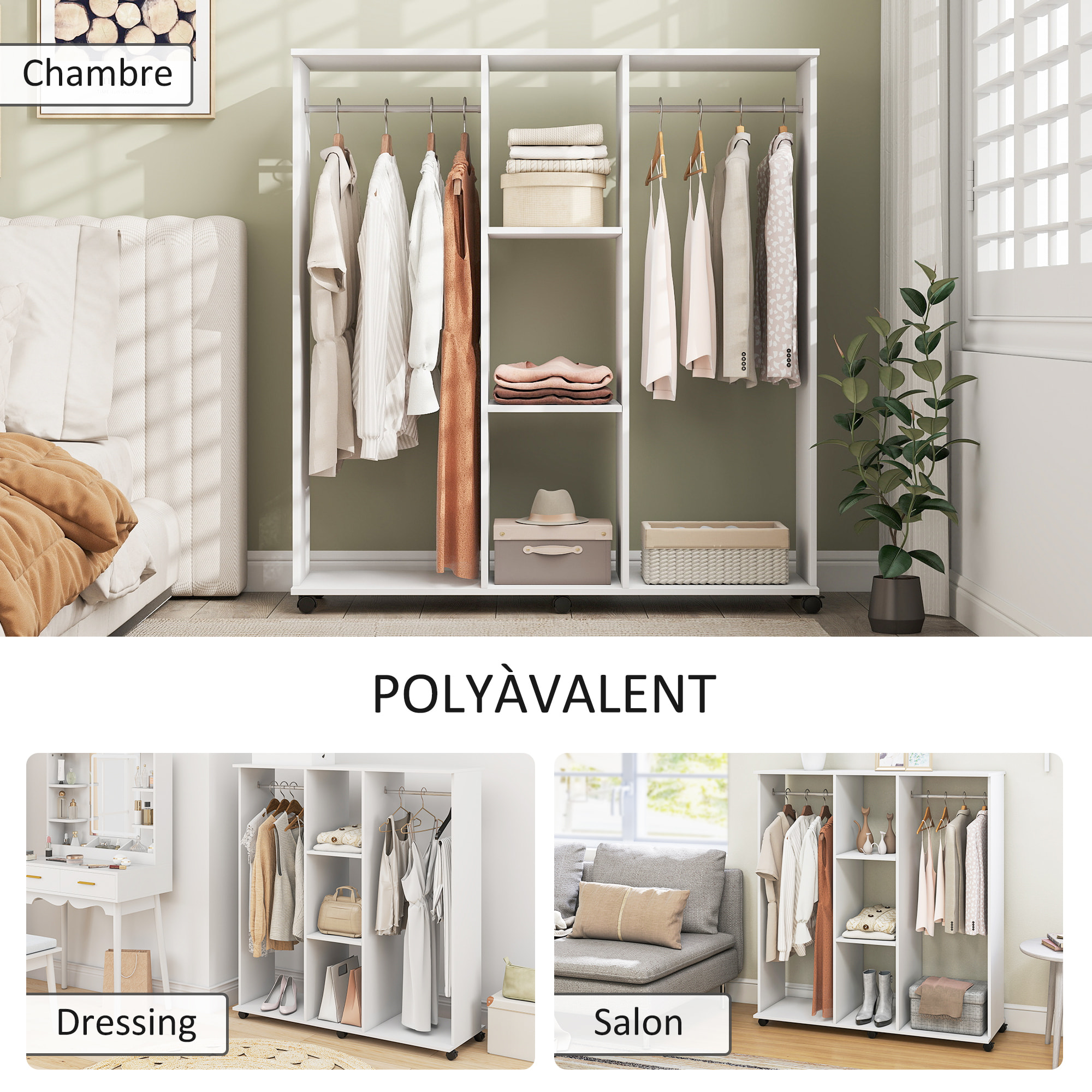 Armoire penderie Meuble de Rangement Mobile 6 roulettes 120L x 40l x 128H cm en bois Blanc