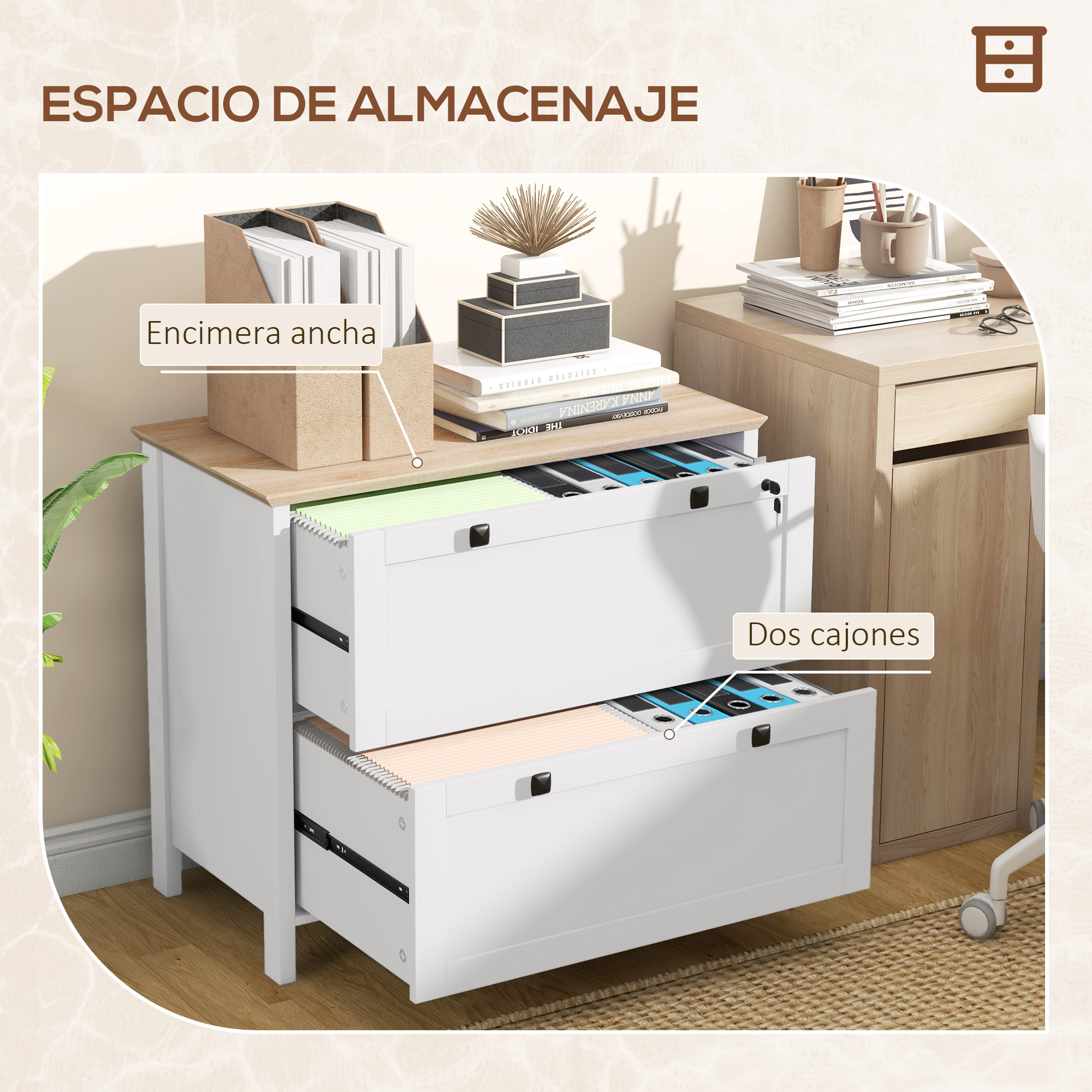 Cajonera de Oficina Mueble Archivador con 2 Cajones 2 Barras Colgantes Cerradura y 2 Llaves para Tamaño A4 para Estudio Salón 79x40x72 cm Blanco y Roble